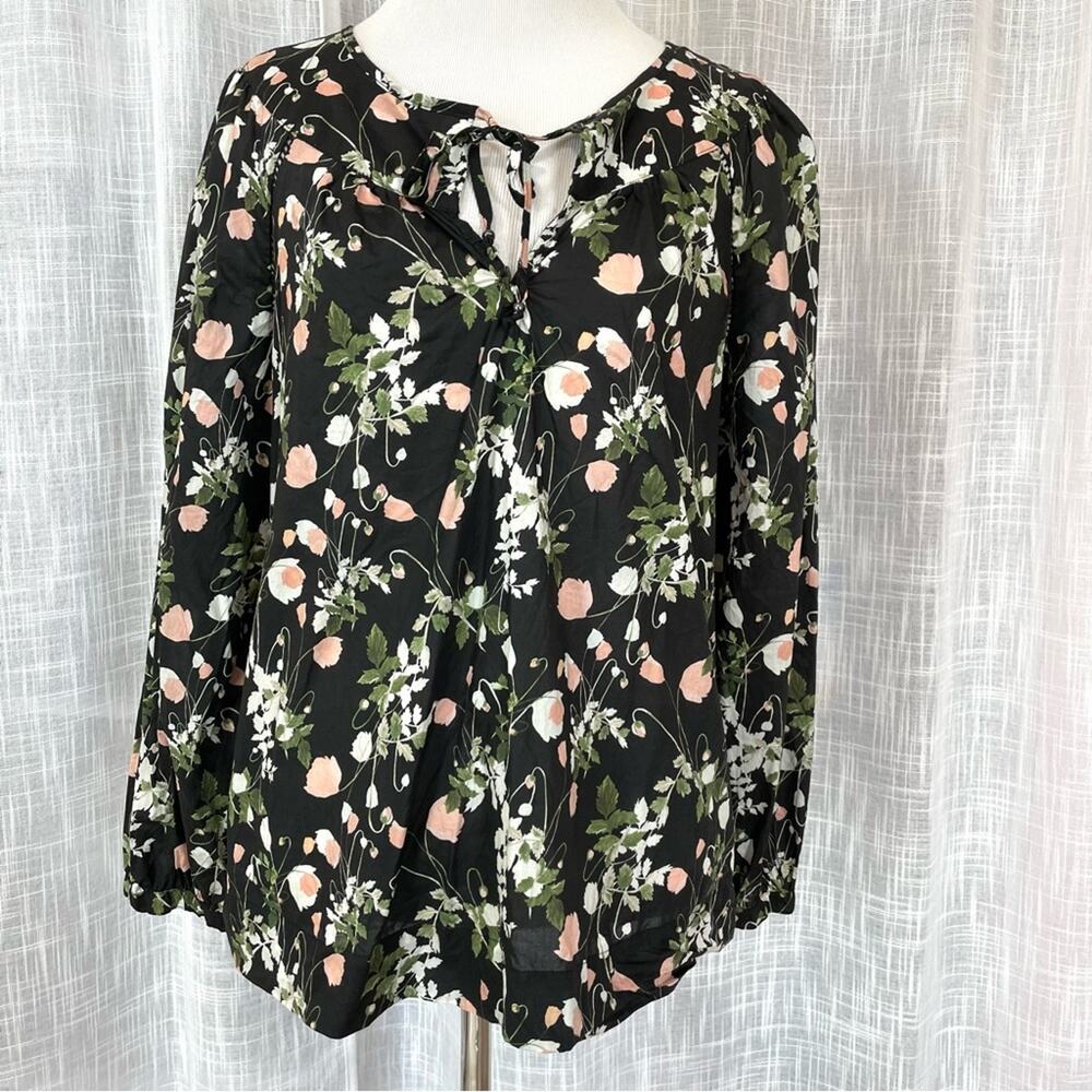 J Crew Liberty Womens Long Sleeve Blouse S Black Floral Poppy Peasant Boho Artsy